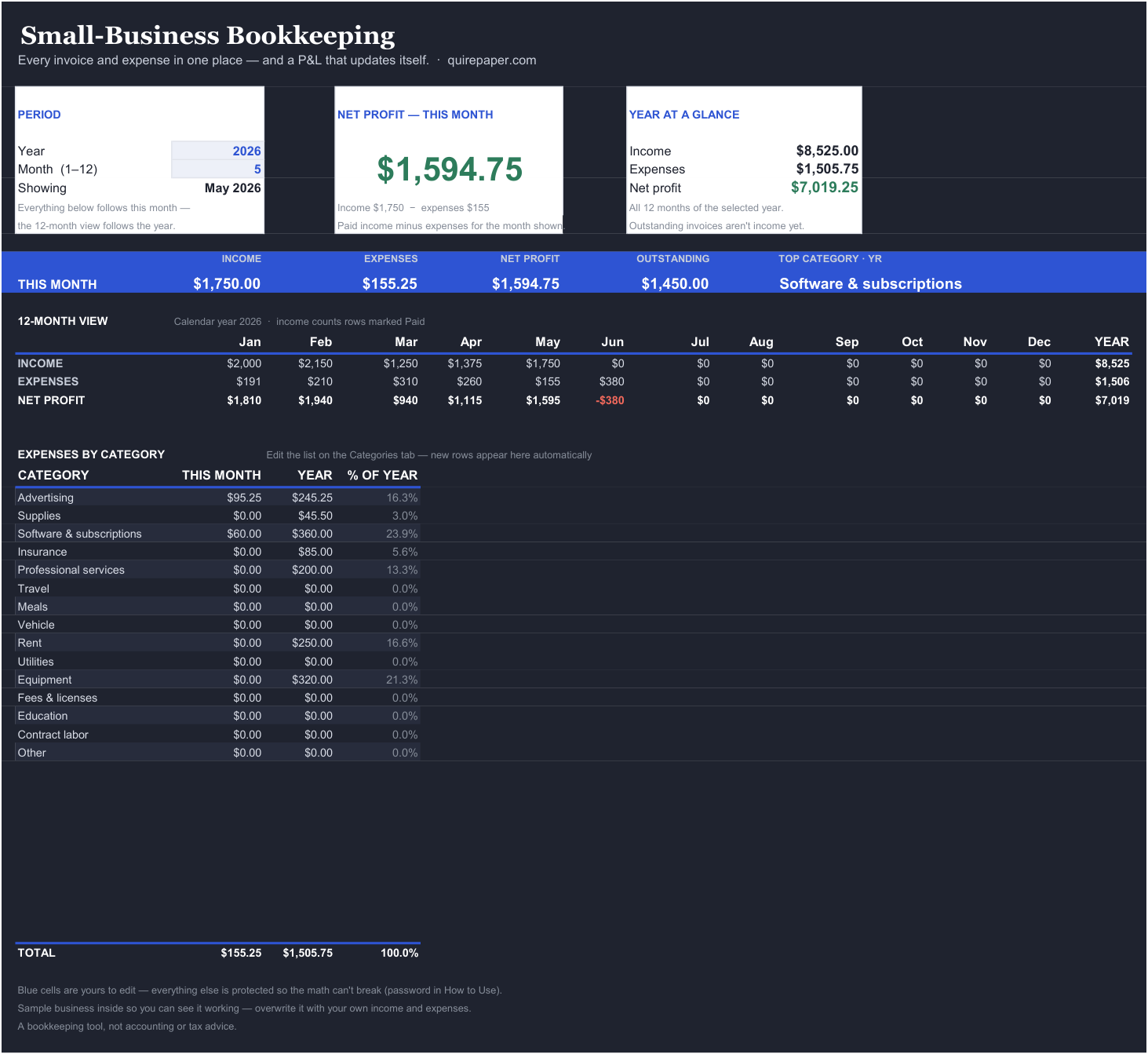 Small-Business Bookkeeping Workbook — the actual workbook, full size