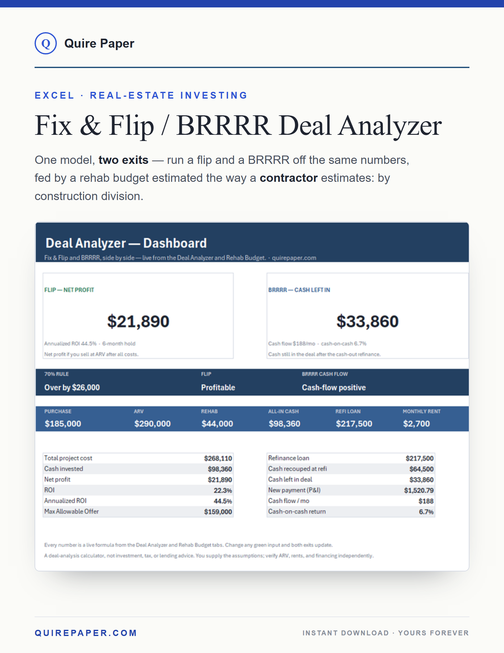 Fix & Flip / BRRRR Deal Analyzer + Rehab Budget cover