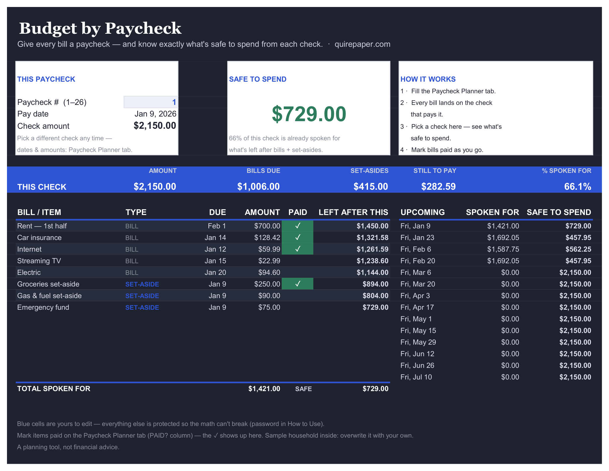 Budget by Paycheck — the actual workbook, full size