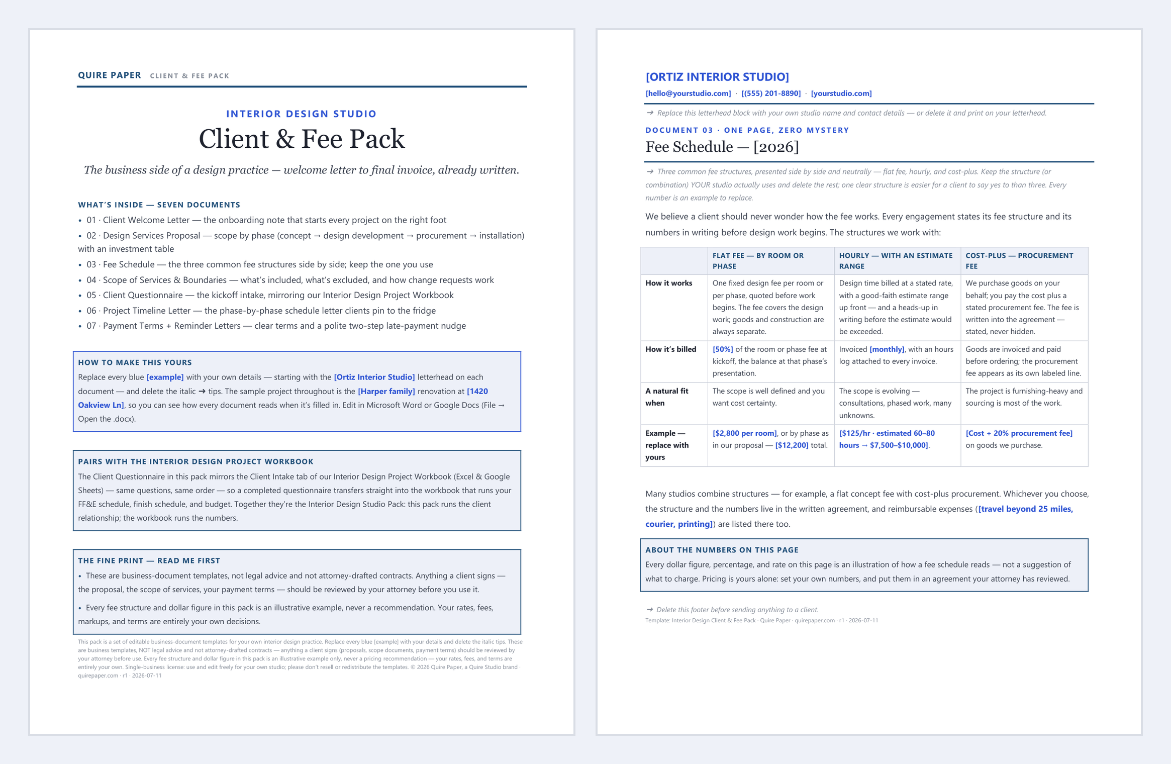 Interior Design Client & Fee Pack — the actual workbook, full size