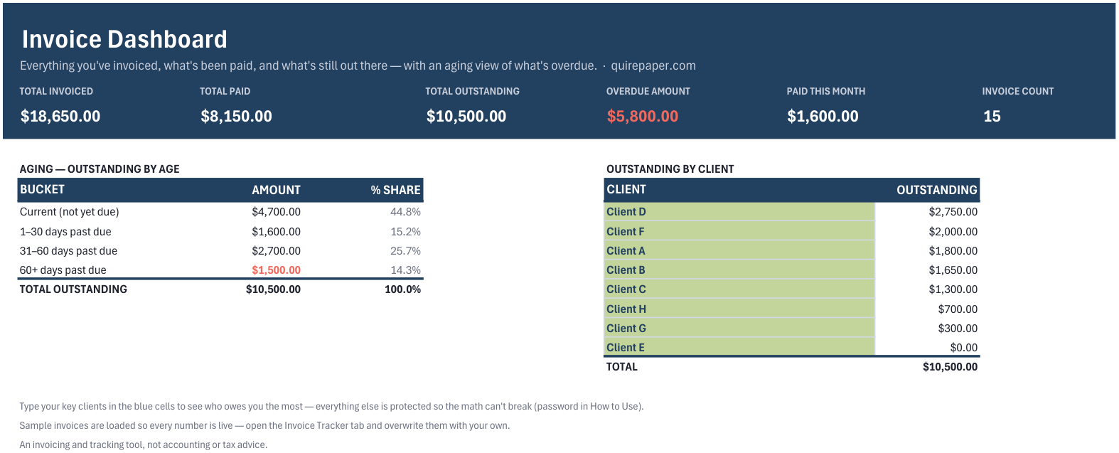 Invoice Generator + Tracker — the actual workbook, full size