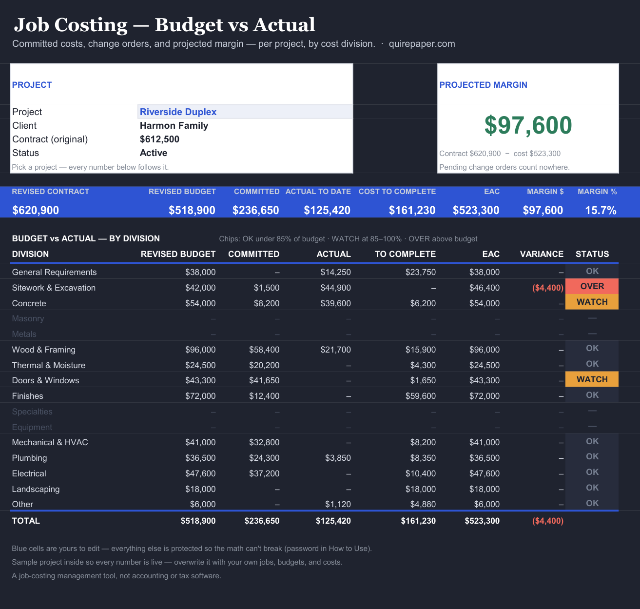 Job Costing Tracker — the actual workbook, full size